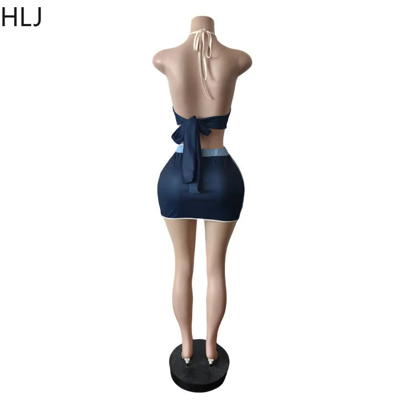 HLJ Blue Sexy Y2K Letter Printing Mini Skirts Two Piece Sets Women Halter V Neck Bangage Slim Crop Top And Skirts Outfits 2025 Purplish Diva