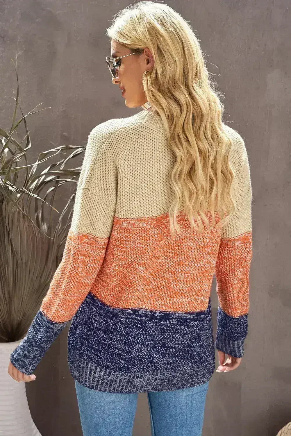 Color Block Round Neck Long Sleeve Sweater - SJB-DIAMOND ELITES