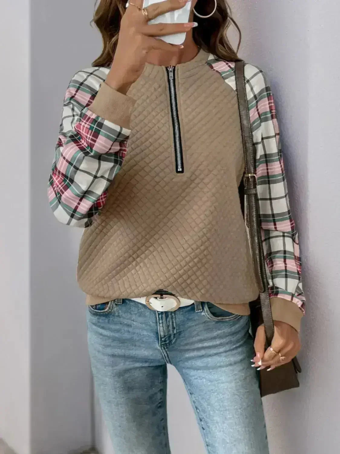 Perfee Plaid Half Zip Long Sleeve Texture Sweatshirt - SJB-DIAMOND ELITES