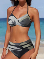 Bikini Camo Print 2 Piece High Cut Halter Swimsuit for Women – Vibrant V Neck Backless Bikini Set with Ruched Detail – Comfortable Stretchy Swimwear for Beach Pool and Summer Vacation Stevvex