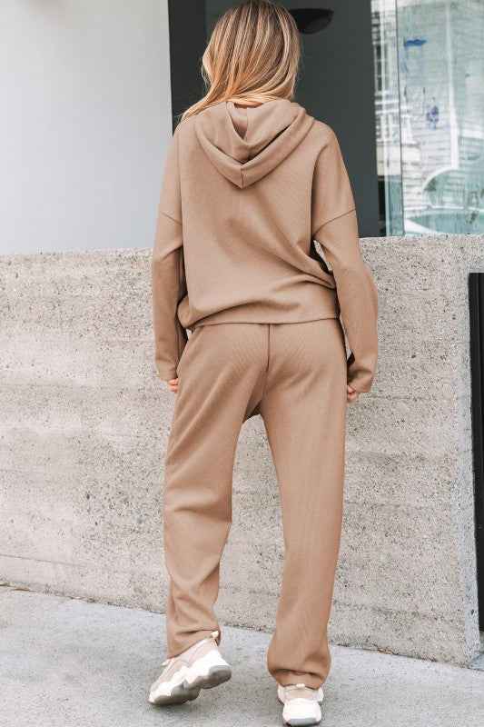 Solid Corduroy Lace Hoodie and Pants Set THRIXINE