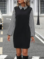 Timeless Black Collared Neck Long Sleeve Mini Dress Vintage Design Classic Women Dress