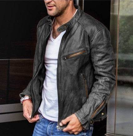 Fall Winter Men PU Leather Stand Collar Punk Pi-Mart