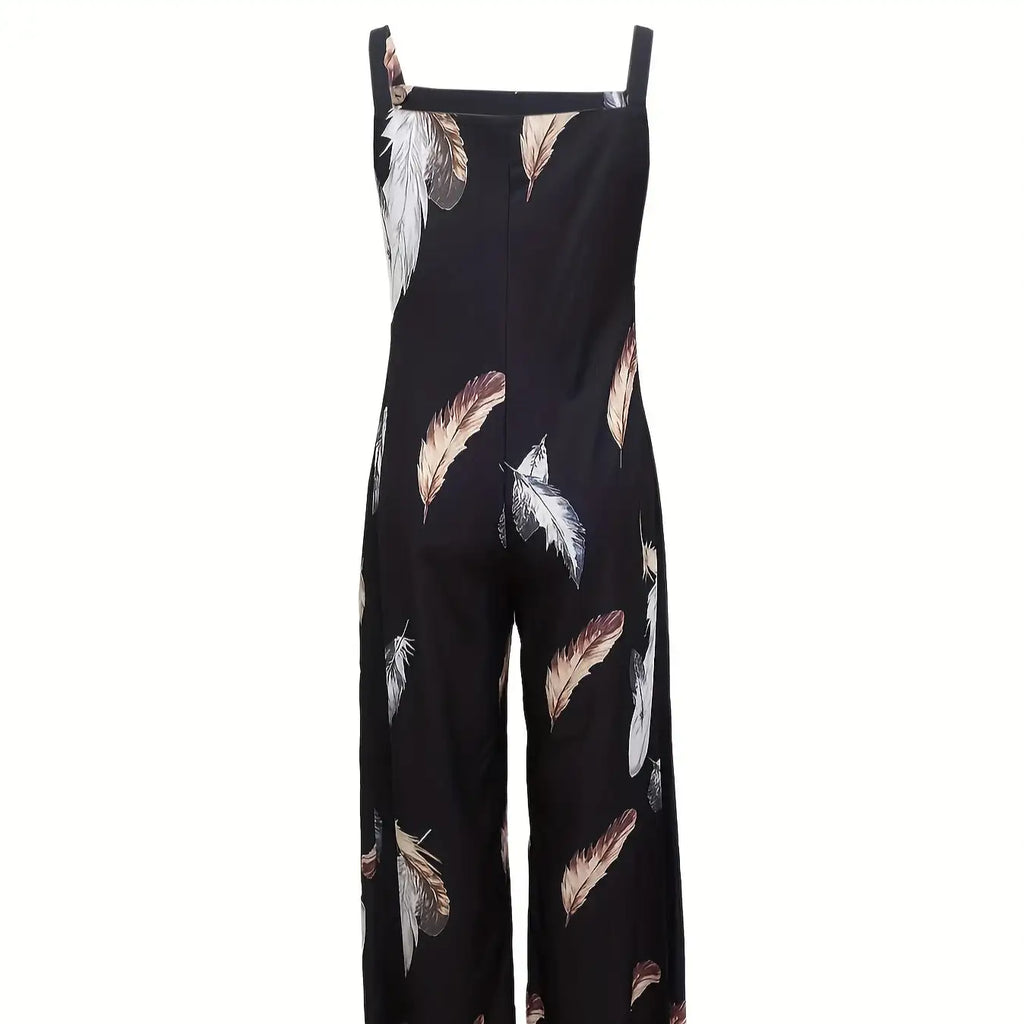 Women's Feather Print Ruffle Hem Pleated Fashionable Jumpsuit - SJB-DIAMOND ELITES