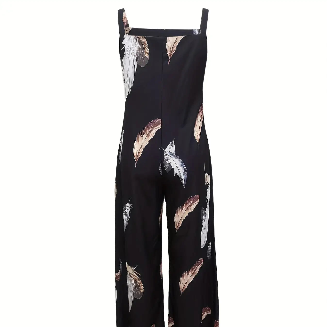Women's Feather Print Ruffle Hem Pleated Fashionable Jumpsuit - SJB-DIAMOND ELITES