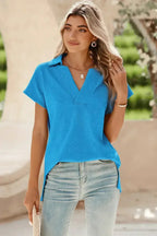 White Textured V Neck Collared Split Hem T Shirt