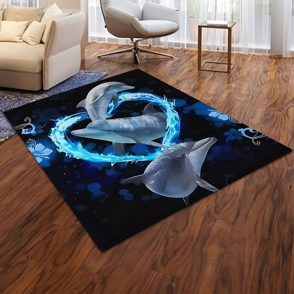 1pc Contemporary Reversible Flannel Blanket, 3D Digital Printed Blue Dolphin Design, All-Season Multipurpose Knitted Polyester Throw for Sofa, Room, Camping, Beach, Party, Office Break - 200-250gsm