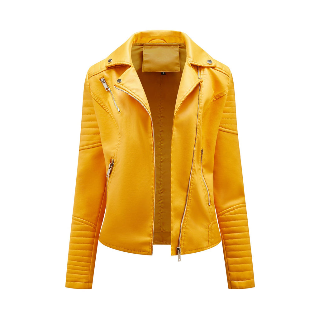 Short Leather Jacket Women's Lapel Motorcycle Oblique Zipper Jacket Pi-Mart
