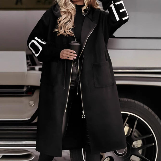 Hooded Windbreaker Long Jacket With Pockets And Drawstring Design Solid Color Knit-Sleeved Trench Coat For Women Clothing Fall Winter Pi-Mart