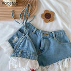 Summer Sweet Lolita Style Denim Shorts Sets Girls Sexy Lace Bandage Camisole Crop Tops Ruffles Jeans Short Pants Women 2PC Set Purplish Diva