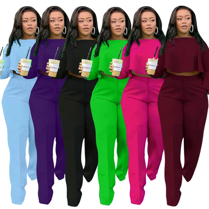 Elegant Work Wear Two Piece Set Fall Clothes for Women Ruffles Crop Top and Wide Leg Pants Suits Matching Sets Sexy Club Outfits Purplish Diva
