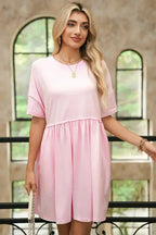 Sky Blue Solid Color Pocket Raw Edge Babydoll Dress