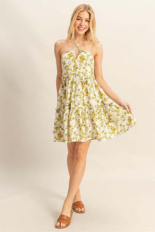 New Summer Floral Print Halter Neck Tiered Mini Dress For Women – Elegant Halter Neckline Dress with Crisscross Detailing and Playful Tiered Skirt Stevvex