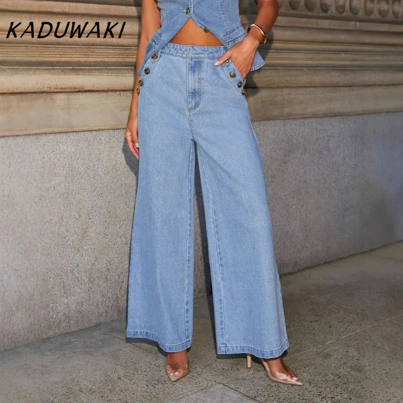 KADUWAKI Slim Denim Waistcoat Jeans 2pc Women Elegant Single Breasted O Neck Vest Wide Leg Pants Spring Lady High Street Outfits Purplish Diva