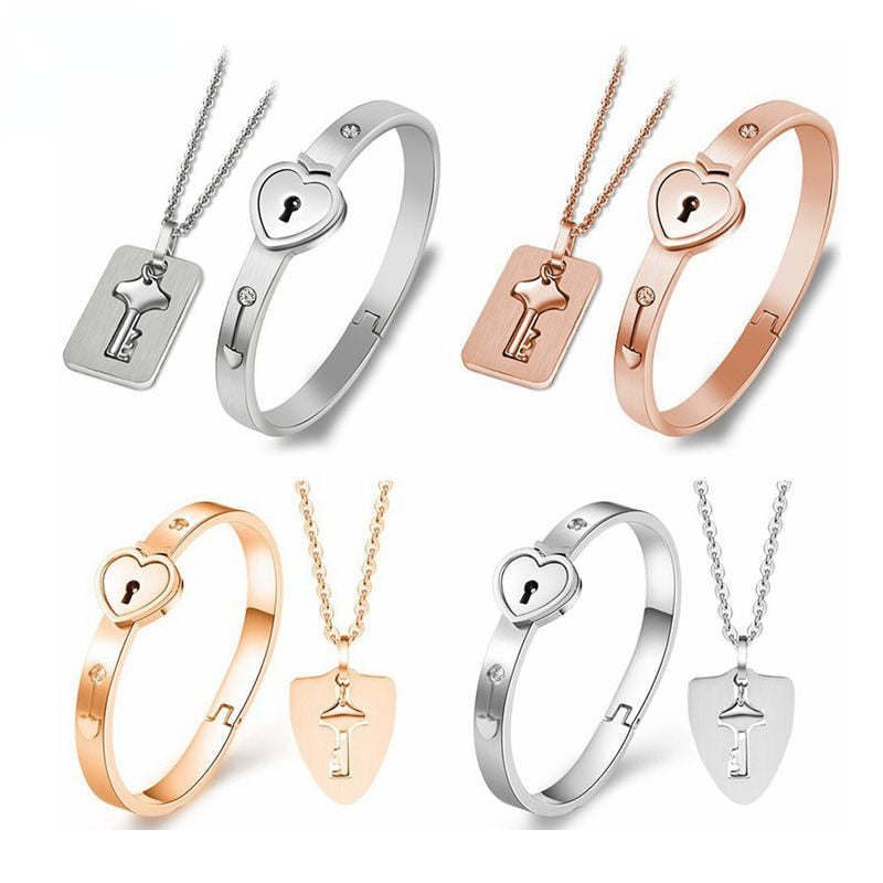 Stainless Steel Love Heart Lock Bangle Bracelet Pi-Mart