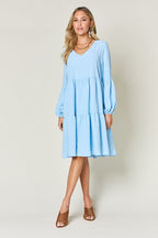 Light Green Double Take Full Size V-Neck Sleeve Tiered Dress with Pockets Elegant & Comfortable Casual Dress Stevvex