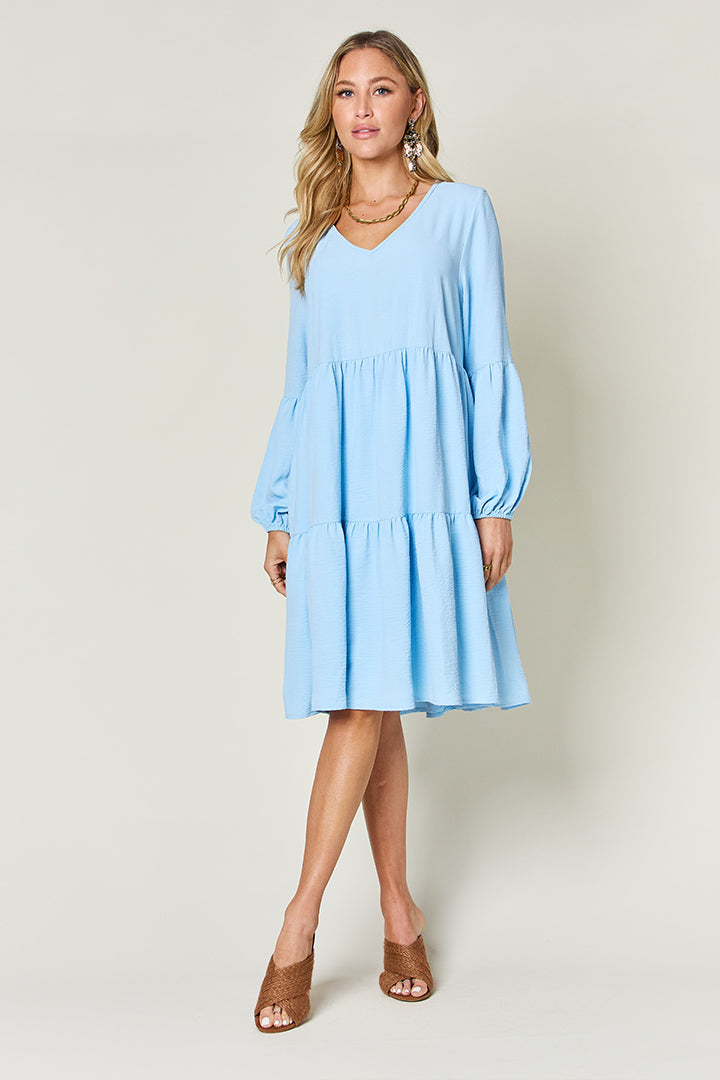 Light Green Double Take Full Size V-Neck Sleeve Tiered Dress with Pockets Elegant & Comfortable Casual Dress Stevvex