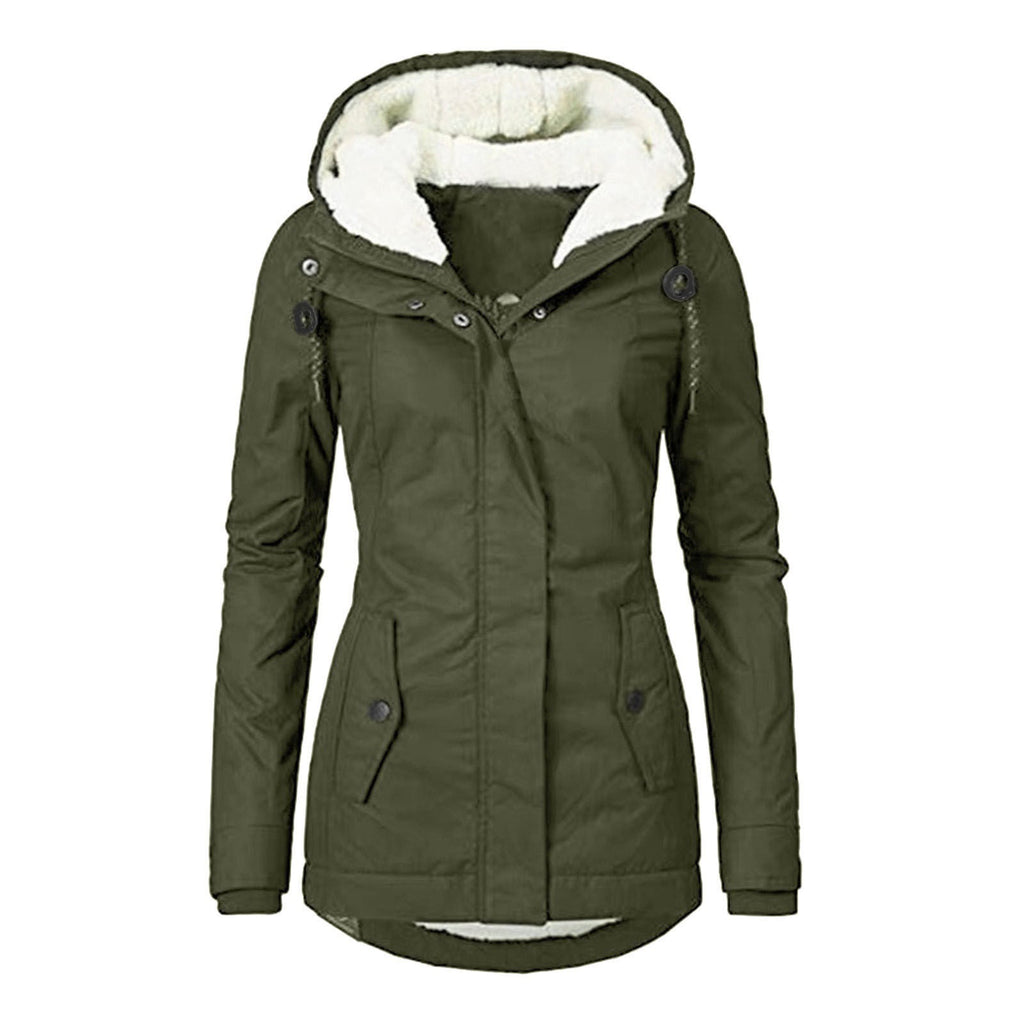 Winter Hooded Jacket Solid Color Warm Buckle Zip-up Fleece Jacket With Pockets Women's Casual Jacket Pi-Mart