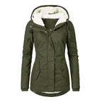 Winter Hooded Jacket Solid Color Warm Buckle Zip-up Fleece Jacket With Pockets Women's Casual Jacket Pi-Mart