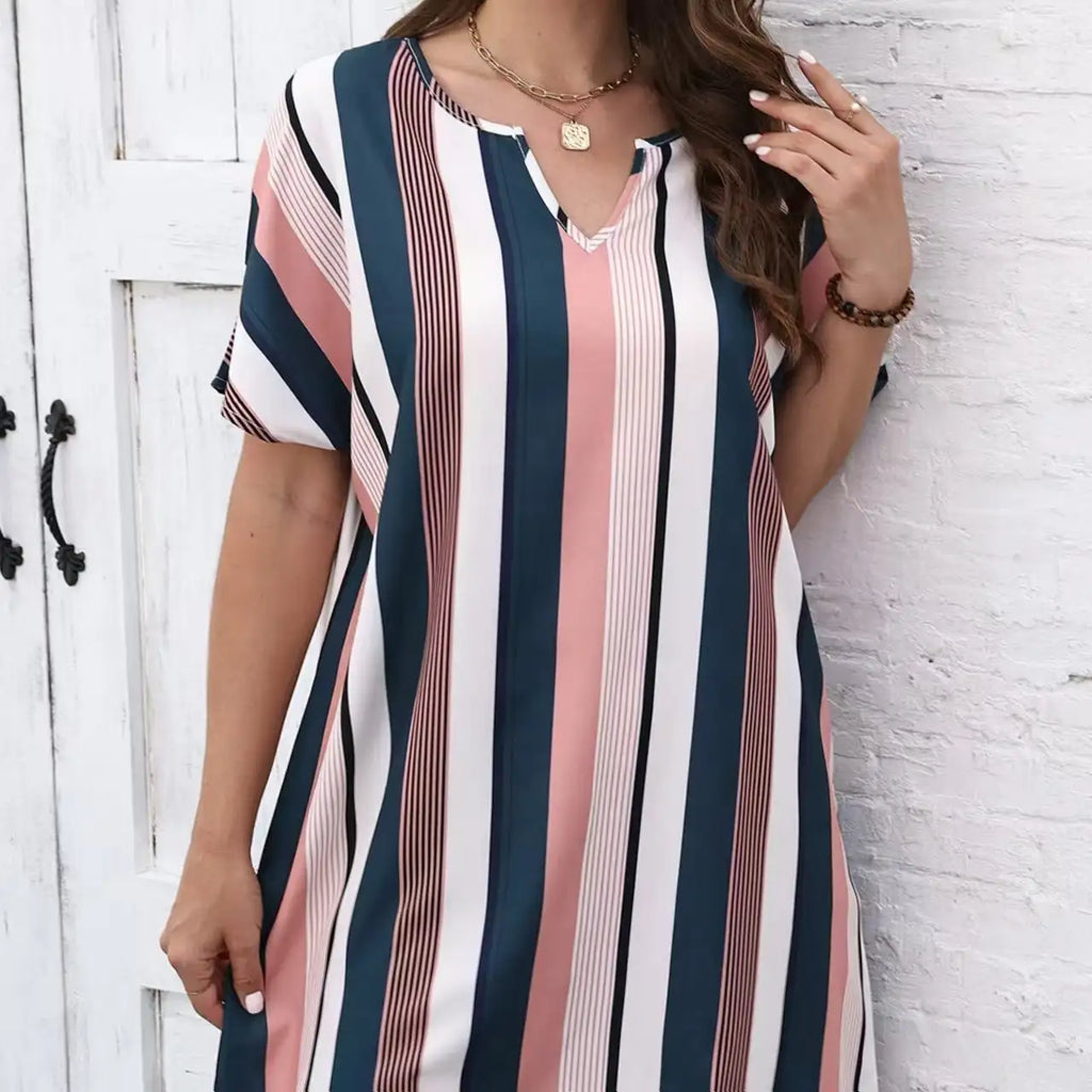 Ladies' Contrasting Striped Print Notch V-neck Short Casual Loose Dress - SJB-DIAMOND ELITES