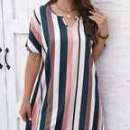 Ladies' Contrasting Striped Print Notch V-neck Short Casual Loose Dress - SJB-DIAMOND ELITES