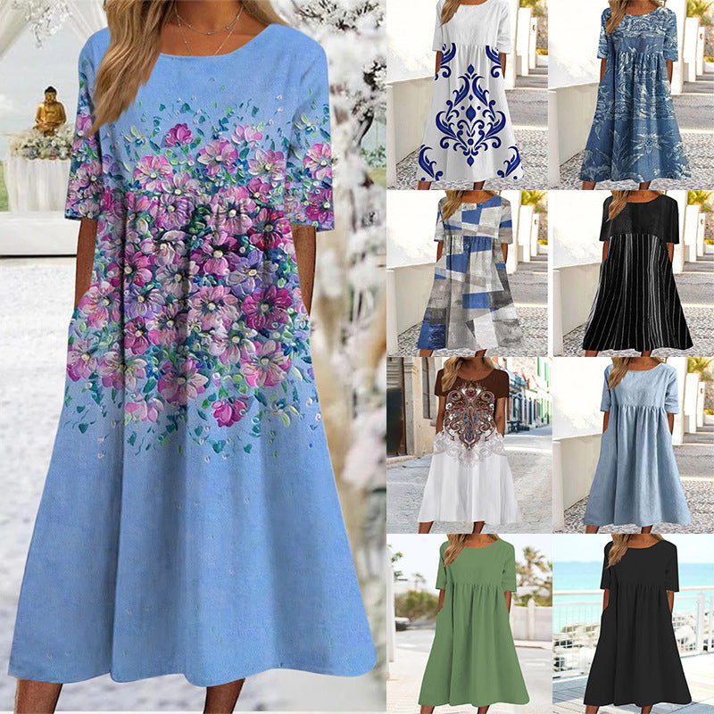 Women's Loose Round Neck Swing Dress Pi-Mart