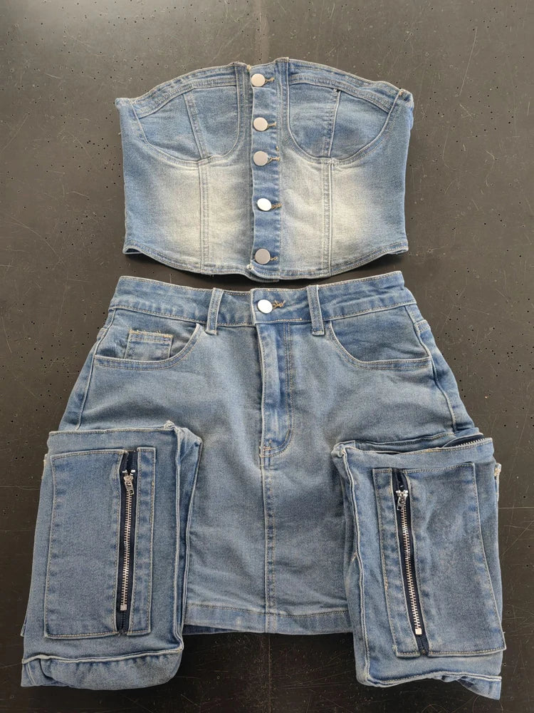 Y2k Fashion Vintage Washed Denim Set Women Off Shoulder Cropped Top Mini Skirt Jean Suit Summer Streetwear 2 Two Piece Outfits Purplish Diva