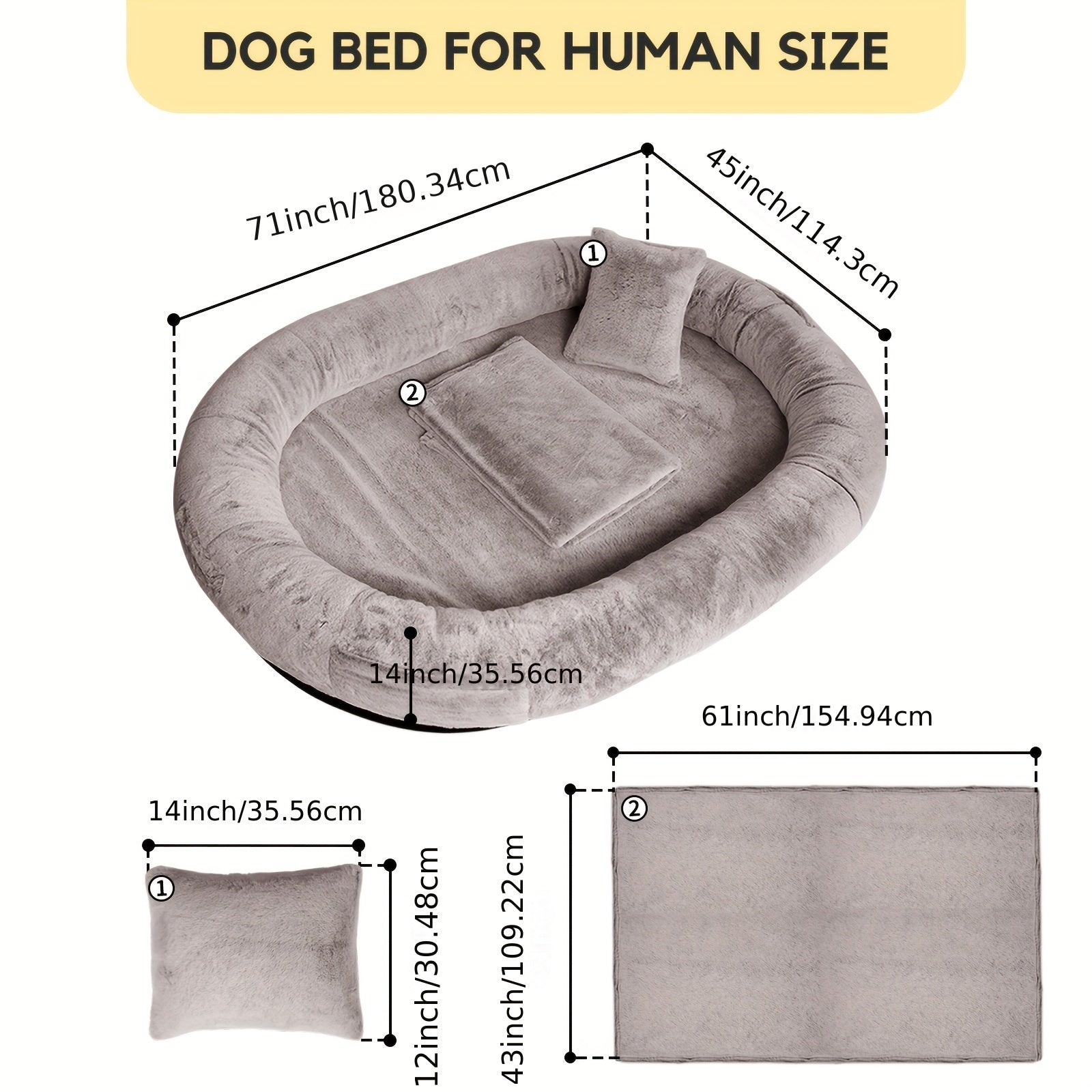 [Cozy Dog Bed] Orthopedic Faux Fur Dog Bed | Cozy Human-Sized Dog Bed For All Breeds - 71"x45"x14" With Blanket And Pillow, Washable, Includes Plush Pillow & Blanket Lootquake LLC