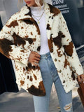 Trendy Black White Cozy Cow Print Collared Neck Button Up Fuzzy Jacket Modern & Warm Outerwear Stevvex