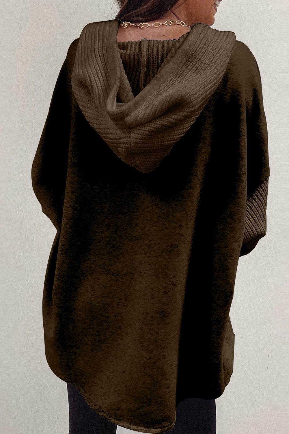 Dark Brown Button Up Contrast Knitted Sleeves Hooded Jacket Lootquake LLC