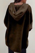 Dark Brown Button Up Contrast Knitted Sleeves Hooded Jacket Lootquake LLC