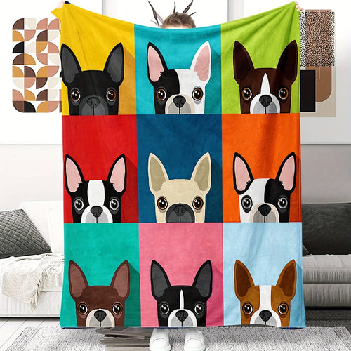 1pc Colorful French Bulldog Patchwork Flannel Blanket, Cozy Throw Blanket For Couch, Preppy Style, Home Decor, Soft Warm Comfort, Large Multi-Color Dog Print Lootquake LLC