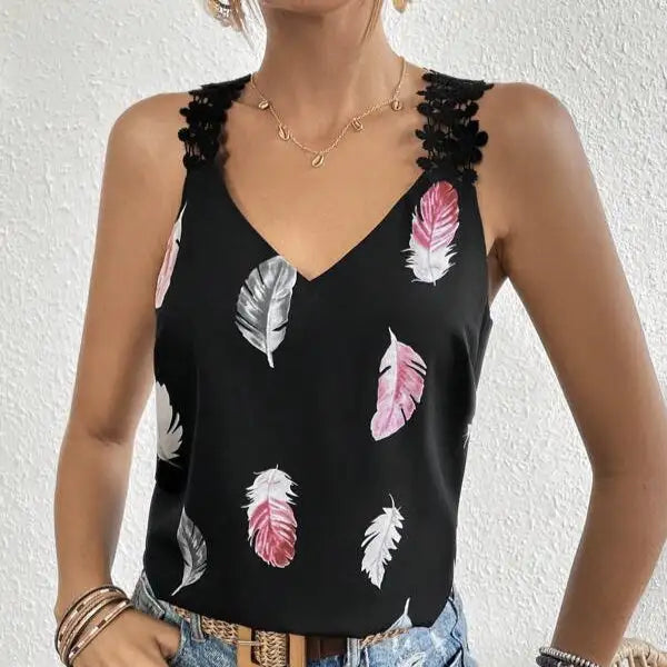 Women's Printed Feather Pattern Design V-neck Fashionable Slimming Camisole Vest - SJB-DIAMOND ELITES