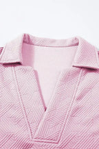 White Textured V Neck Collared Split Hem T Shirt