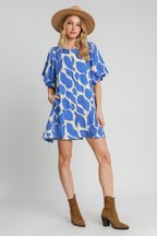 Blue Two Tone Abstract Print Puff Sleeve Dress Trendy Modern Print Dress for Women Summer Dress