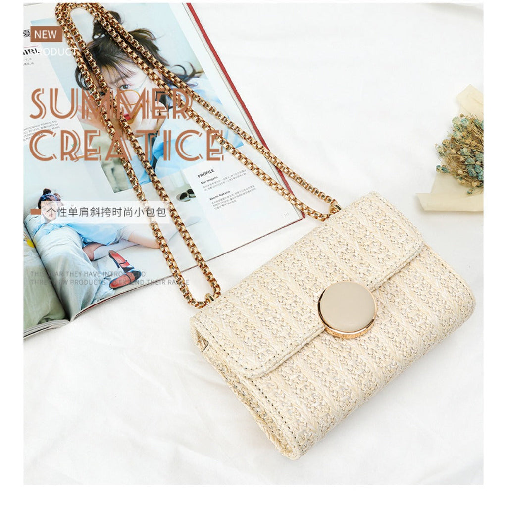 Woven small square bag women, stylish fashion shoulder crossbody bag, versatile chain straw bag - SJB-DIAMOND ELITES
