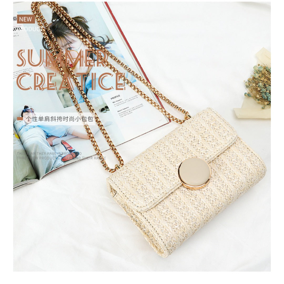 Woven small square bag women, stylish fashion shoulder crossbody bag, versatile chain straw bag - SJB-DIAMOND ELITES