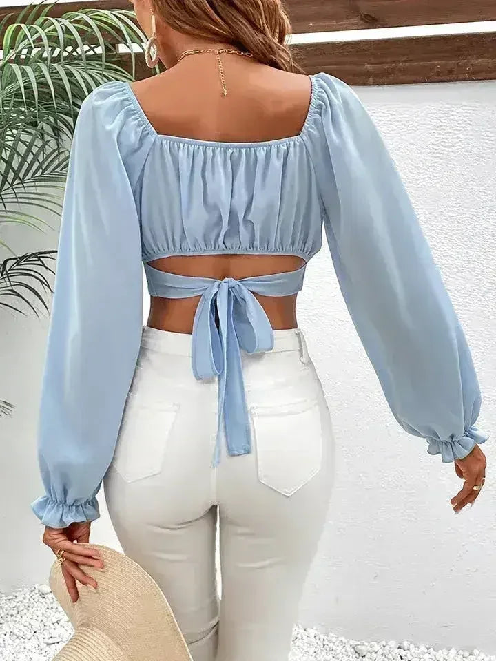 Light Blue Honey Raglan Sleeve Cropped Blouse | Femstylo - SJB-DIAMOND ELITES