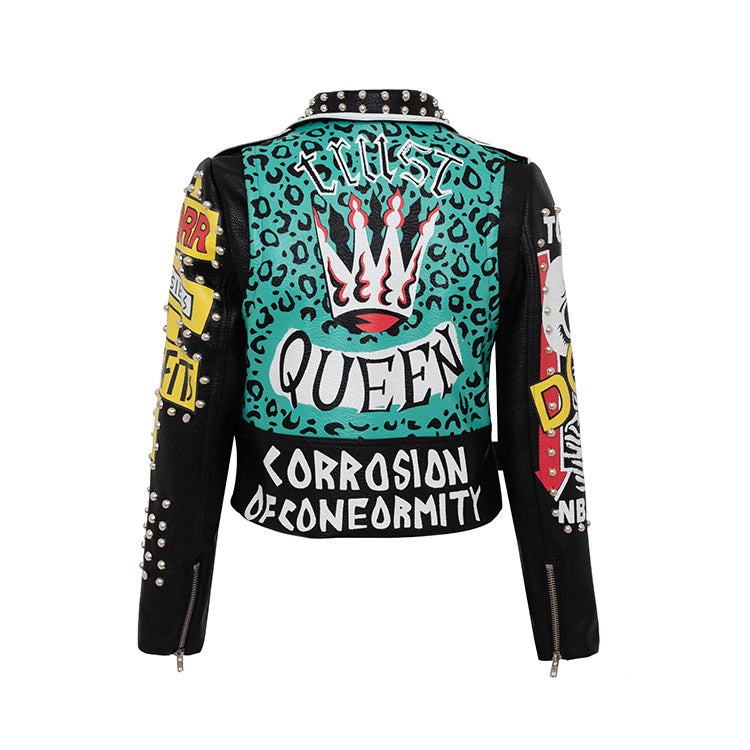 Punk Graffiti Print Leather Jacket Contrasting Badge Biker Pi-Mart