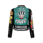 Punk Graffiti Print Leather Jacket Contrasting Badge Biker Pi-Mart