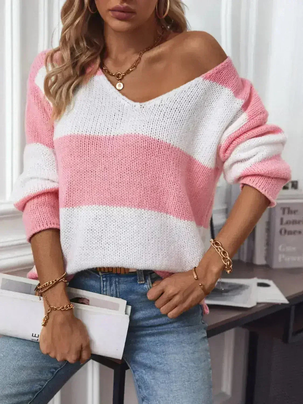 Color Block V-Neck Long Sleeve Sweater - SJB-DIAMOND ELITES