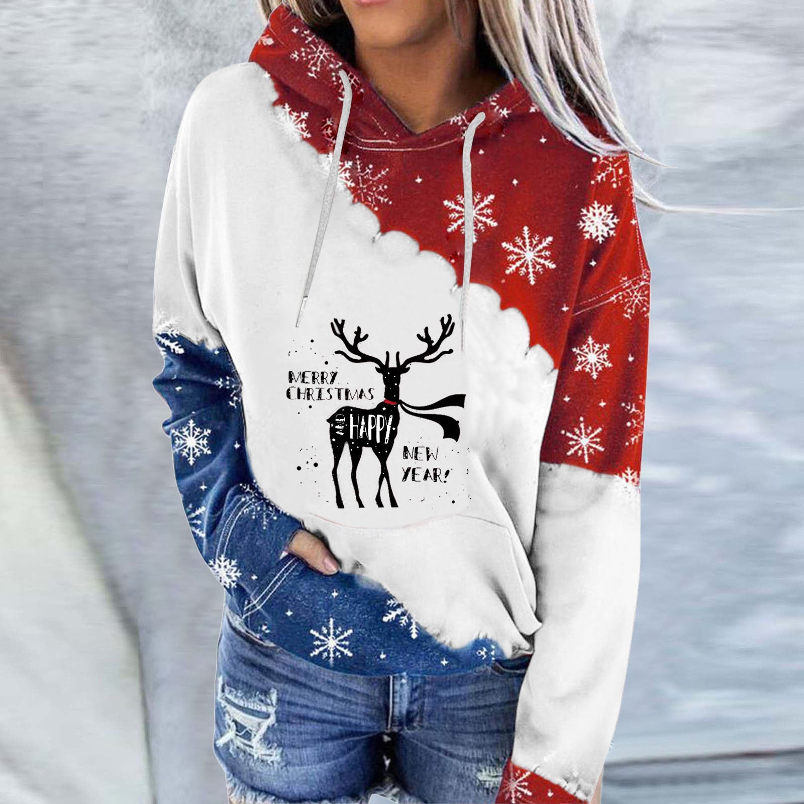 Snowman Print Crew Neck Hoodie Long Sleeve Sweatshirt Pi-Mart