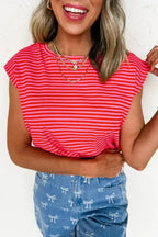 Black Stripe Ribbed Cap Sleeve Round Neck T Shirt
