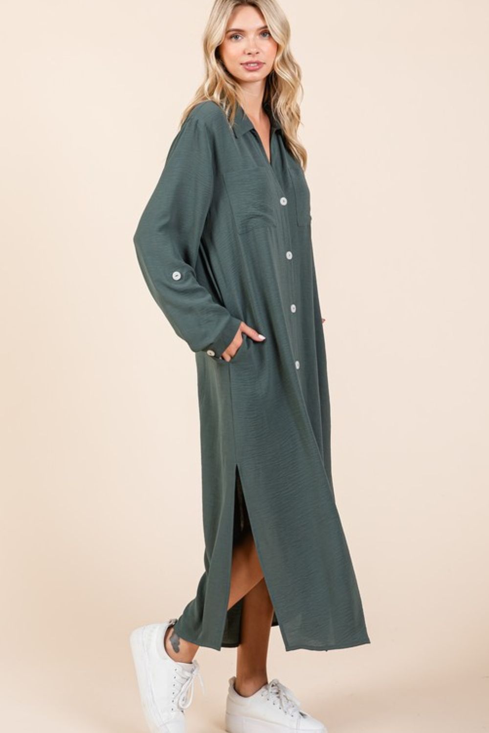 Airflow V-Neck Long Sleeve Button Down Maxi Dress For Women, Casual, Elegant and Versatile Maxi Dress with Button Detail and Slit for Effortless Style Stevvex