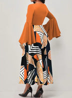 Ladies' Round Neck Printed Irregular Cuff Design Fashionable Dress - SJB-DIAMOND ELITES