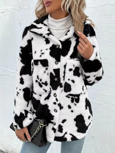 Trendy Black White Cozy Cow Print Collared Neck Button Up Fuzzy Jacket Modern & Warm Outerwear Stevvex