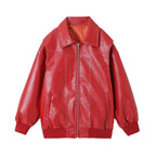 Loose Fashion Lapel Zip-up Jacket Cool Long Sleeve Zipper Closure Moto Biker Leather Jacket Womens Clothing Pi-Mart