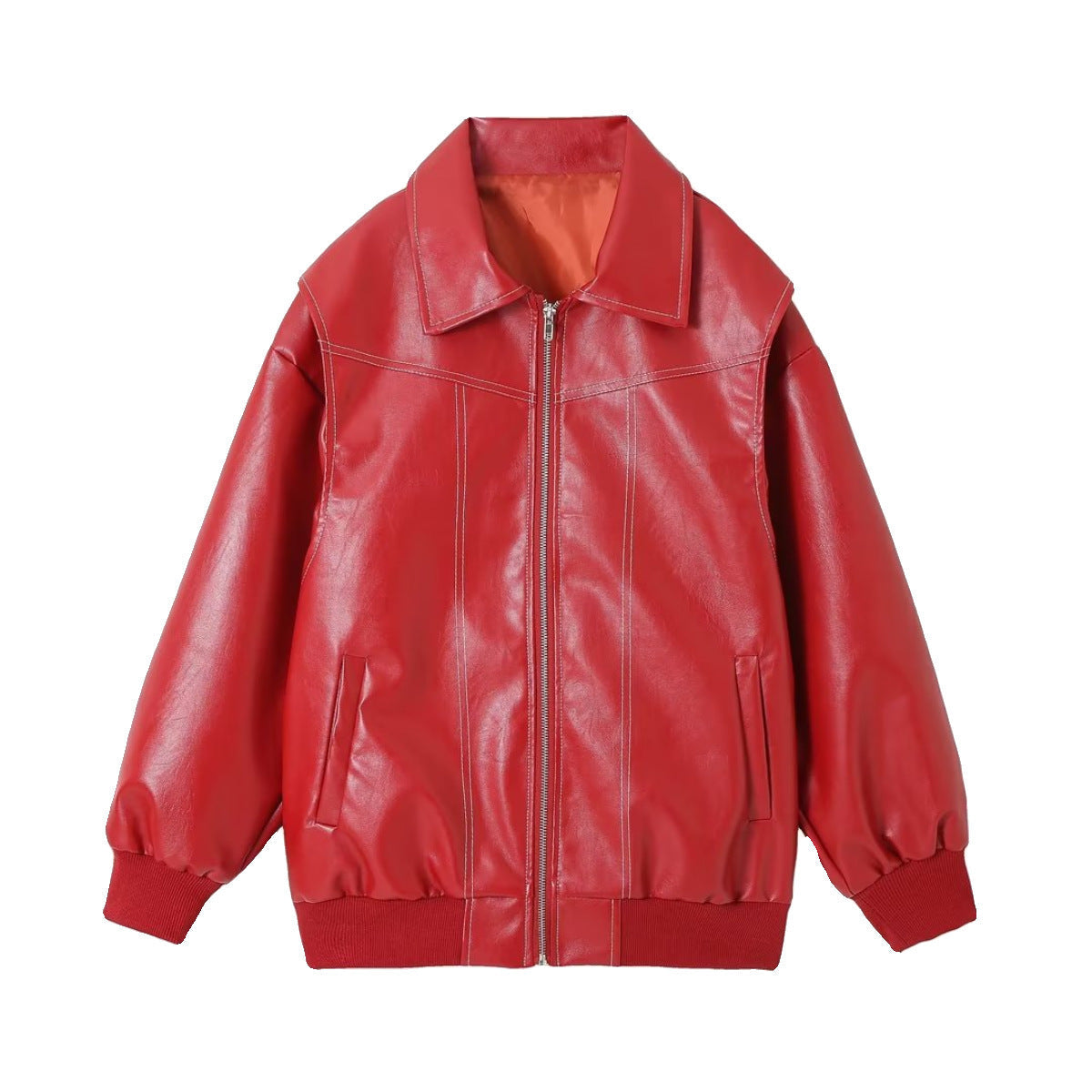 Loose Fashion Lapel Zip-up Jacket Cool Long Sleeve Zipper Closure Moto Biker Leather Jacket Womens Clothing Pi-Mart
