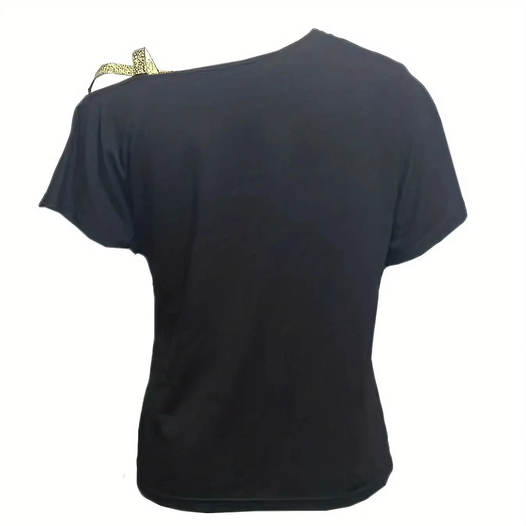Women's Sequined Gold Shoulder Strap Off Shoulder Cross Off Shoulder Short Sleeved Tie Up T-shirt Top Shirt - SJB-DIAMOND ELITES