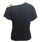 Women's Sequined Gold Shoulder Strap Off Shoulder Cross Off Shoulder Short Sleeved Tie Up T-shirt Top Shirt - SJB-DIAMOND ELITES